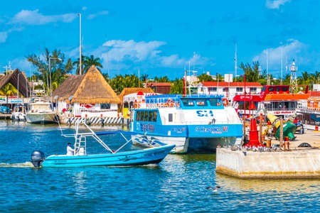 Holbox Mexico December 21, 2021 Panorama landscape view on beautiful Holbox island with boats Holbox Express ferry village port harbor Muelle de Holbox and turquoise water in Quintana Roo Mexico.のeditorial素材