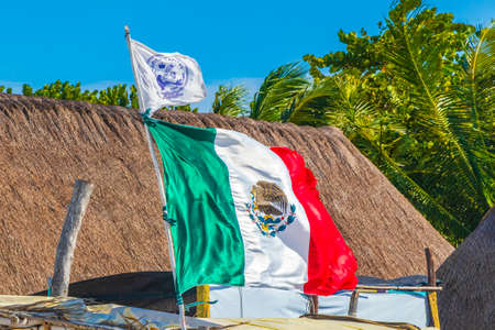 Holbox Mexico December 21, 2021 Mexican green white red flag on beautiful Holbox island with blue sky and palm trees in Quintana Roo Mexico.のeditorial素材