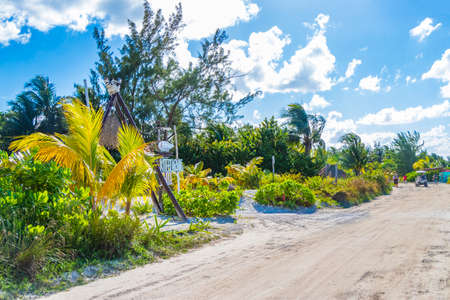Holbox Mexico December 22, 2021 Sandy muddy road walking path and landscape view with tropical nature on beautiful Holbox island in Quintana Roo Mexico.のeditorial素材