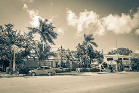 Tulum Mexico February 02, 2022 Black and white picture of the driving thru typical street road and cityscape with cars traffic palm trees bars and restaurants of Tulum in Mexico.のeditorial素材