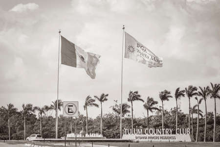 Akumal Mexico February 02, 2022 Black and white picture of a huge mexican green white red flag at...