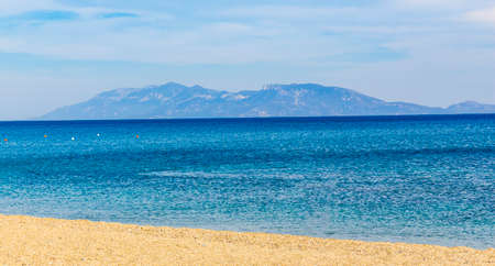 Most beautiful beaches on Kos Island in Greece with panoramic view on hills and islands.