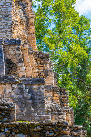 Ancient Mayan site with temple ruins pyramids and artifacts in the tropical natural jungle forest...
