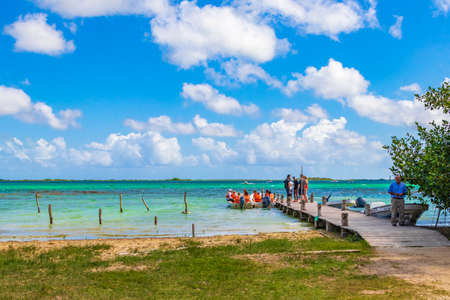 Muyil Mexico February 02, 2022 Panorama view to the Muyil Lagoon in the tropical jungle nature forest with boats people in Sian Ka'an National park Muyil Chunyaxche Quintana Roo Mexico.のeditorial素材