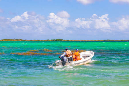 Muyil Mexico February 02, 2022 Panorama view to the Muyil Lagoon in the tropical jungle nature forest with boats people in Sian Ka'an National park Muyil Chunyaxche Quintana Roo Mexico.のeditorial素材