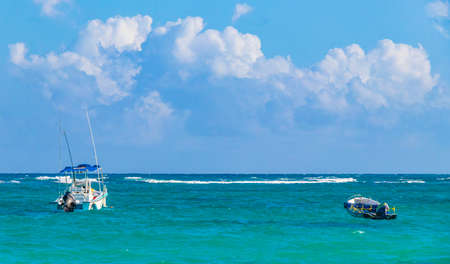 Tulum Mexico February 02, 2022 Amazing and beautiful caribbean coast and beach panorama view with turquoise water waves and boats of Tulum in Quintana Roo Mexico.のeditorial素材
