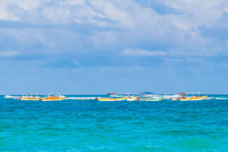 Tulum Mexico February 02, 2022 Amazing and beautiful caribbean coast and beach panorama view with turquoise water waves and boats of Tulum in Quintana Roo Mexico.のeditorial素材