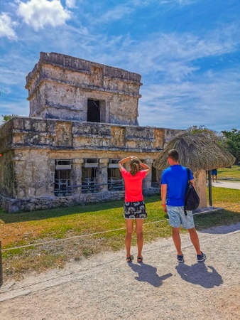 Tulum Mexico March 25, 2022 Ancient Tulum ruins Mayan site with temple ruins pyramids and artifacts...
