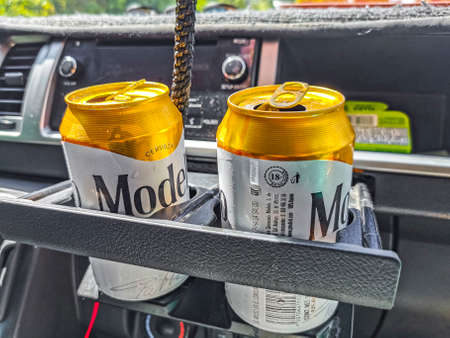 Playa del Carmen Mexico March 16, 2022 Modelo beer can in the car in Playa del Carmen Quintana Roo...
