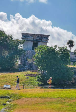 Tulum Mexico March 18, 2022 Ancient Tulum ruins Mayan site with temple ruins pyramids and artifacts...