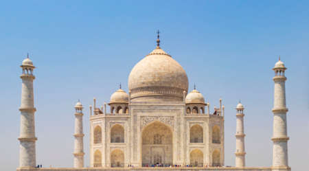 Taj Mahal in Agra India Mogul marble mausoleum and panorama of the famous 17th century symmetrical gardens.の写真素材
