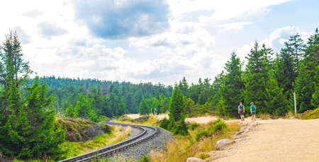 Lower Saxony Germany August 17, 2013 Brockenbahn Locomotive and railway train at the forest and landscape panorama at Brocken mountain peak in Harz mountains Wernigerode Saxony-Anhalt Germanyのeditorial素材