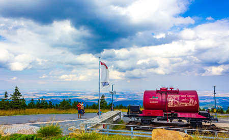 Lower Saxony Germany August 17, 2013 Brockenbahn Locomotive and railway train at the forest and landscape panorama at Brocken mountain peak in Harz mountains Wernigerode Saxony-Anhalt Germanyのeditorial素材