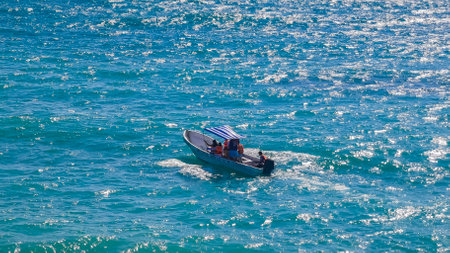Tulum Mexico February 21, 2022 Amazing and beautiful caribbean coast and beach panorama view with turquoise water waves and boats of Tulum in Quintana Roo Mexico.のeditorial素材