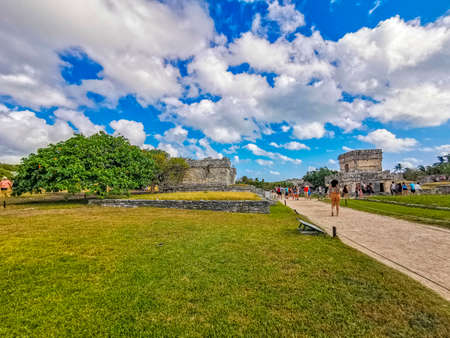 Tulum Mexico February 24, 2022 Ancient Tulum ruins Mayan site with temple ruins pyramids and...