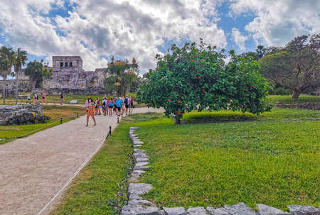 Tulum Mexico February 24, 2022 Ancient Tulum ruins Mayan site with temple ruins pyramids and artifacts in the tropical natural jungle forest palm and seascape panorama view in Tulum Mexico.のeditorial素材