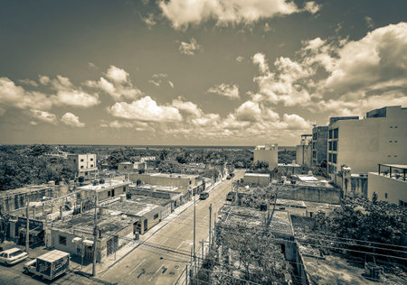 Playa del Carmen Mexico April 05, 2022 Old black and white picture of Amazing cityscape landscape and caribbean ocean and beach panorama view of Playa del Carmen in Quintana Roo Mexico.のeditorial素材