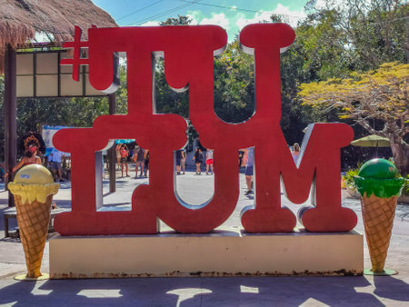 Tulum Mexico March 09, 2022 Big red sign lettering writing Tulum Magico in Tulum Quintana Roo Mexico.のeditorial素材
