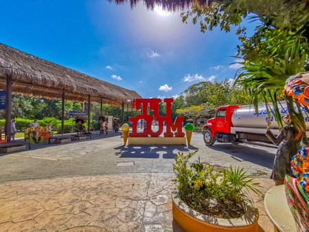 Tulum Mexico March 09, 2022 Big red sign lettering writing Tulum Magico in Tulum Quintana Roo Mexico.のeditorial素材