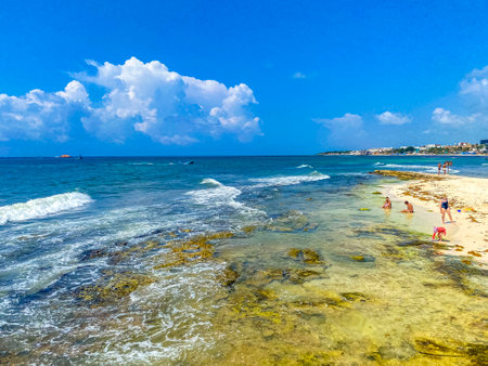 Playa del Carmen May 11, 2022 Tropical mexican beach landscape panorama full of people at beach parties on vacation in Playa del Carmen Mexico.のeditorial素材