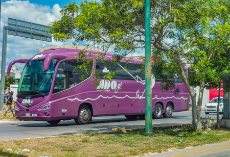 Playa del Carmen Mexico May 16, 2022 Typical street road and cityscape with cars and buildings of Playa del Carmen in Quintana Roo Mexico.のeditorial素材