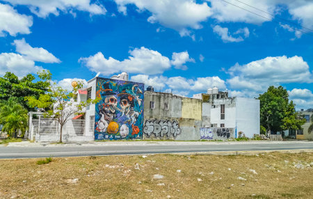 Playa del Carmen Mexico May 16, 2022 Typical street road and cityscape with cars and buildings of Playa del Carmen in Quintana Roo Mexico.のeditorial素材