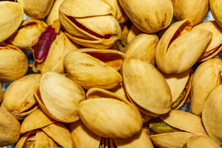 Many yellow pistachio nuts and shells texture pattern in Bremerhaven Germany.の写真素材