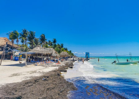 Holbox Mexico May 16, 2022 Panorama landscape view on beautiful Holbox island sandbank and beach with waves turquoise water and blue sky in Quintana Roo Mexico.のeditorial素材