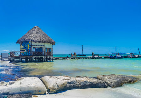 Holbox Mexico May 16, 2022 Panorama landscape view on beautiful Holbox island sandbank and beach with waves turquoise water and blue sky in Quintana Roo Mexico.のeditorial素材