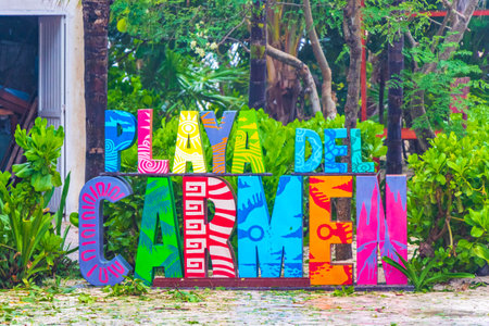 Colorful Playa del Carmen lettering sign symbol on beach in Playa del Carmen Quintana Roo Mexico.の写真素材