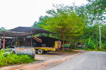 Phuket Thailand October 14, 2018 Landscape and cityscape panorama with street road cars building houses forest jungle nature and mountain in Sakuh Thalang on Phuket island Thailand in Southeast Asia.のeditorial素材