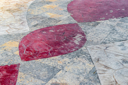 Beautiful red and orange wall stone and floor or ground texture pattern in Playa del Carmen Quintana Roo Mexico.の写真素材