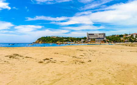 Beach and seascape shore with beautiful huge big surfer waves in Zicatela Puerto Escondido Oaxaca Mexico.の写真素材