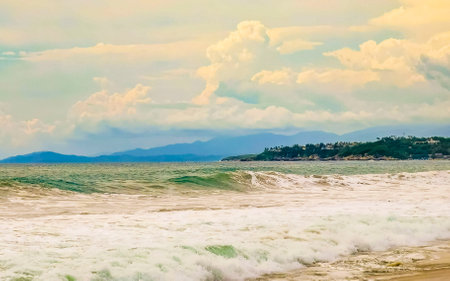 Beach and seascape shore with beautiful huge big surfer waves in Zicatela Puerto Escondido Oaxaca Mexico.の写真素材