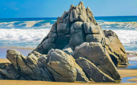 Extremely beautiful huge big surfer waves on the beach in Zicatela Puerto Escondido Oaxaca Mexico.の写真素材