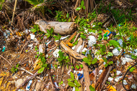 Garbage Dirt Plastic Poison Litter and Pollution on the Beach in Naithon Beach Sakhu Thalang on Phuket island Thailand in Southeastasia Asia.の写真素材