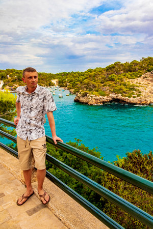 World traveling man travels and makes round trip through the island of Mallorca in Spain.の写真素材