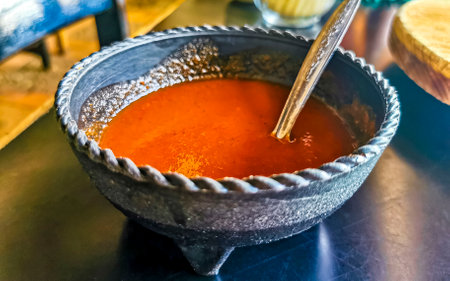 Spicy red Mexican chili sauce in Zicatela Puerto Escondido Oaxaca Mexico.の写真素材