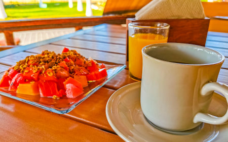 Breakfast at the restaurant with fruits with oatmeal orange juice and coffee in Zicatela Puerto Escondido Mexico.の写真素材