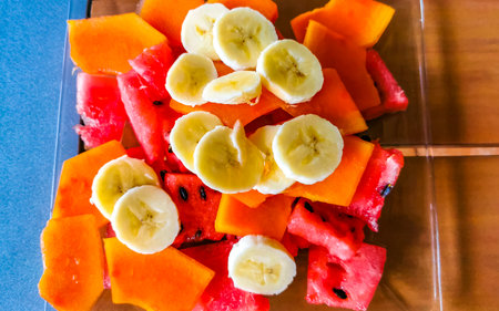 Breakfast at the restaurant with fruits fruit salad with oatmeal in Zicatela Puerto Escondido Mexico.の写真素材