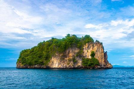 Limestone rocks hills mountains and turquoise blue water in Phang Nga Bay Krabi Thailand in Southeast Asia.の写真素材