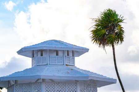 White noble pergula pavilion in paradise on the beach with palm trees in Playa del Carmen Quintana Roo Mexico.の写真素材