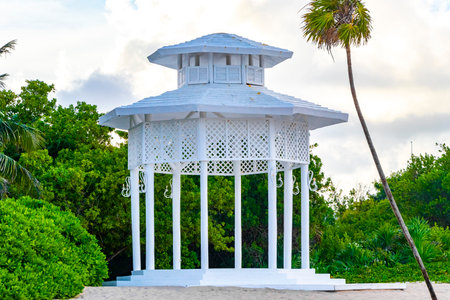White noble pergula pavilion in paradise on the beach with palm trees in Playa del Carmen Quintana Roo Mexico.の写真素材
