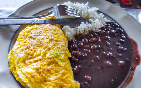 Mexican omelet and scrambled eggs with black beans rice and nachos on white plate in El Cafecito in Zicatela Puerto Escondido Oaxaca Mexico.の写真素材