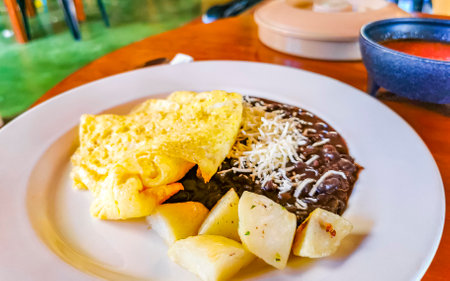 Mexican omelet and scrambled eggs with black beans potatoes and nachos on white plate in El Cafecito in Zicatela Puerto Escondido Oaxaca Mexico.の写真素材