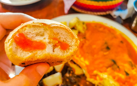 Mexican omelet and scrambled eggs with black beans potatoes and nachos on white plate in El Cafecito in Zicatela Puerto Escondido Oaxaca Mexico.の写真素材