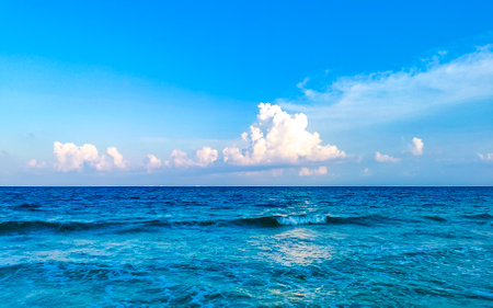 Tropical caribbean beach landscape panorama with clear turquoise blue water in Playa del Carmen Mexico.の写真素材