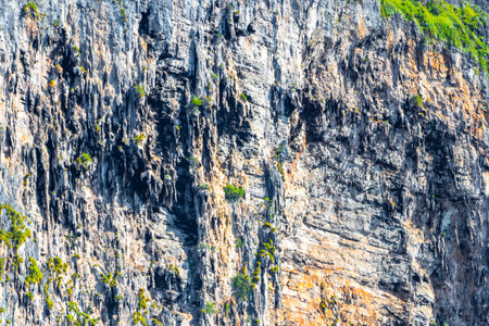 Beautiful tropical limestone islands rock wall boulder cliff texture pattern on Koh Phi Phi Leh island in Ao Nang Amphoe Mueang Krabi Thailand in Southeast Asia.の写真素材