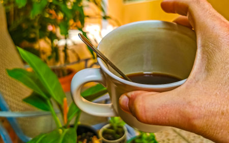 Glass cup of americano black coffee with spoon and plate on table food and drink in the tropical nature and garden with plants palm trees in Playa del Carmen Quintana Roo Mexico.の写真素材