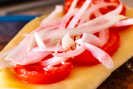Sandwich bread sandwich baguette with vegetables cheese tomatoes garlic onions on a white plate prepare eat.の写真素材